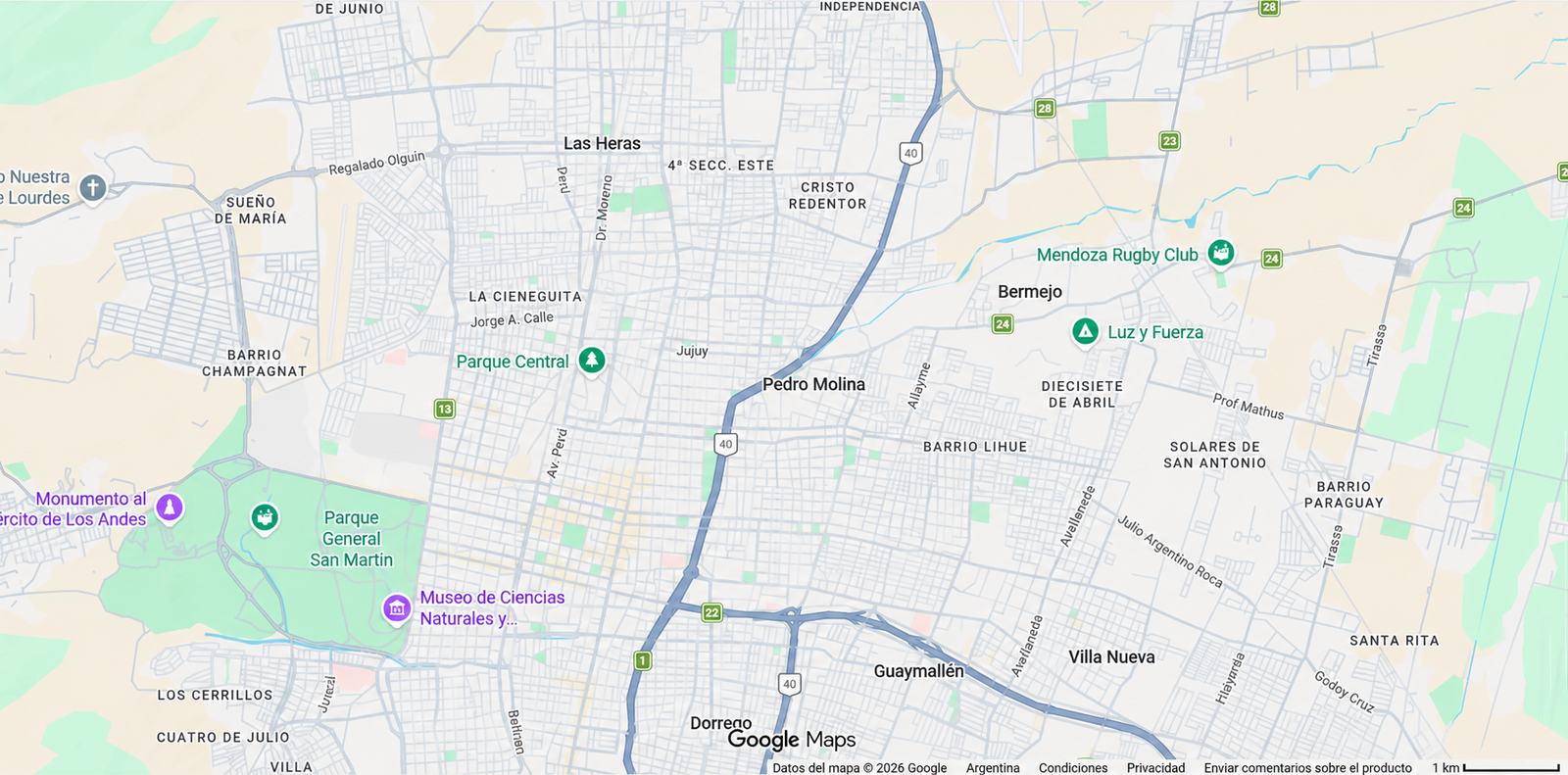 Vista de Gran Mendoza basada en la captura de Google Maps aportada, con controles y referencias médicas retirados